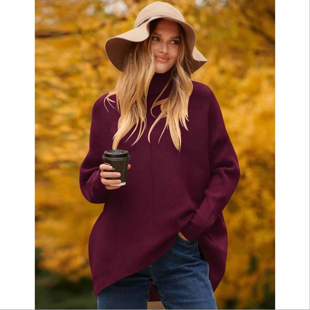 ANRABESS Oversized Turtleneck Batwing Cozy Baggy Burgundy Holiday‎ Party Festive